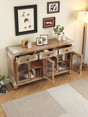 English Elm 59.06" Farmhouse Credenza Solid Wood Buffet with Fluted Glass Doors and Turned Legs Antique Brown+White W2295P475262