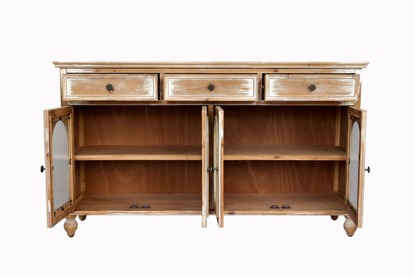 English Elm 59.06" Farmhouse Credenza Solid Wood Buffet with Fluted Glass Doors and Turned Legs Antique Brown+White W2295P475262