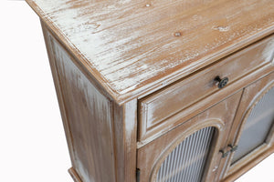 English Elm 59.06" Farmhouse Credenza Solid Wood Buffet with Fluted Glass Doors and Turned Legs Antique Brown+White W2295P475262