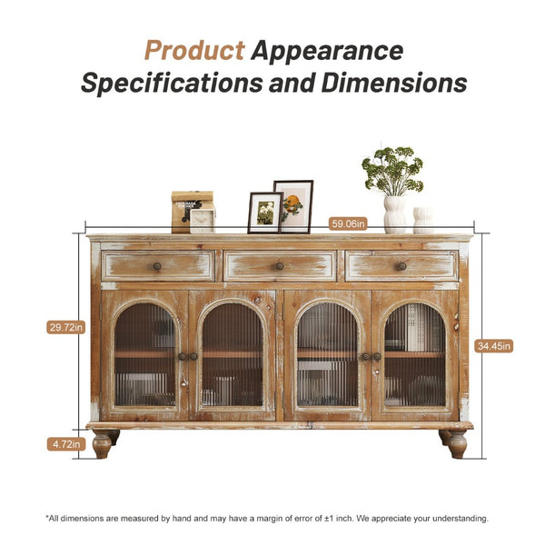 English Elm 59.06" Farmhouse Credenza Solid Wood Buffet with Fluted Glass Doors and Turned Legs Antique Brown+White W2295P475262