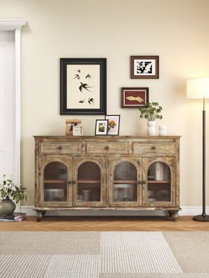 English Elm 59.06" Farmhouse Credenza Solid Wood Buffet with Fluted Glass Doors and Turned Legs Distressed Brown W2295P475264