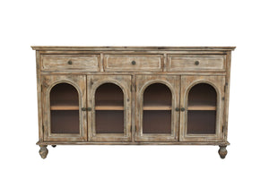 English Elm 59.06" Farmhouse Credenza Solid Wood Buffet with Fluted Glass Doors and Turned Legs Distressed Brown W2295P475264
