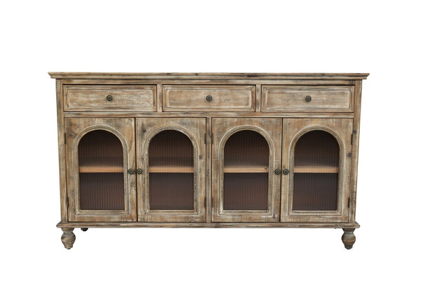 English Elm 59.06" Farmhouse Credenza Solid Wood Buffet with Fluted Glass Doors and Turned Legs Distressed Brown W2295P475264
