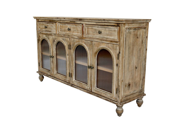English Elm 59.06" Farmhouse Credenza Solid Wood Buffet with Fluted Glass Doors and Turned Legs Distressed Brown W2295P475264