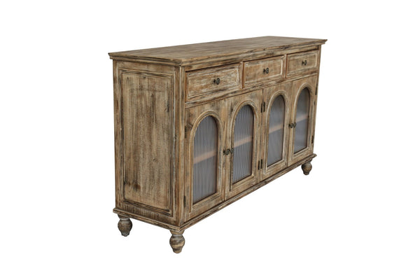 English Elm 59.06" Farmhouse Credenza Solid Wood Buffet with Fluted Glass Doors and Turned Legs Distressed Brown W2295P475264