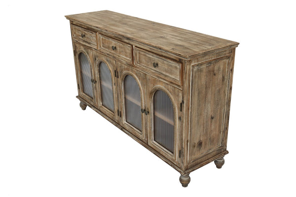 English Elm 59.06" Farmhouse Credenza Solid Wood Buffet with Fluted Glass Doors and Turned Legs Distressed Brown W2295P475264