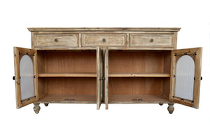 English Elm 59.06" Farmhouse Credenza Solid Wood Buffet with Fluted Glass Doors and Turned Legs Distressed Brown W2295P475264