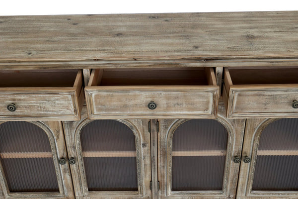 English Elm 59.06" Farmhouse Credenza Solid Wood Buffet with Fluted Glass Doors and Turned Legs Distressed Brown W2295P475264