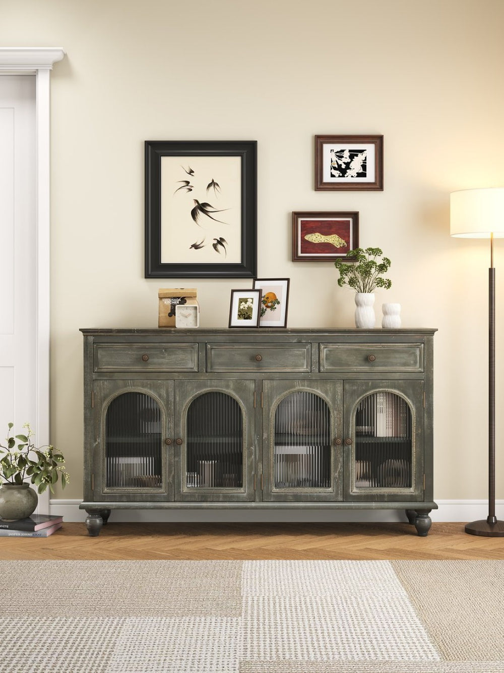 English Elm 59.06" Farmhouse Credenza Solid Wood Buffet with Fluted Glass Doors and Turned Legs Black+Gray W2295P475268