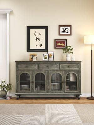 English Elm 59.06" Farmhouse Credenza Solid Wood Buffet with Fluted Glass Doors and Turned Legs Black+Gray W2295P475268