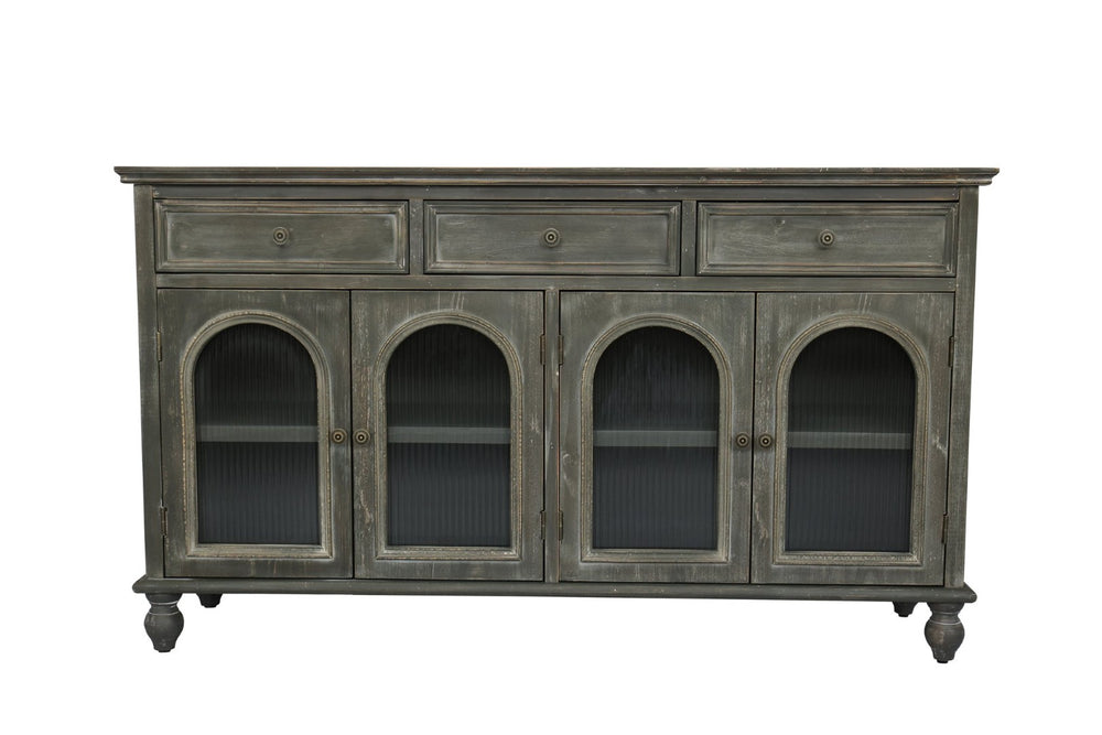 English Elm 59.06" Farmhouse Credenza Solid Wood Buffet with Fluted Glass Doors and Turned Legs Black+Gray W2295P475268