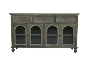 English Elm 59.06" Farmhouse Credenza Solid Wood Buffet with Fluted Glass Doors and Turned Legs Black+Gray W2295P475268