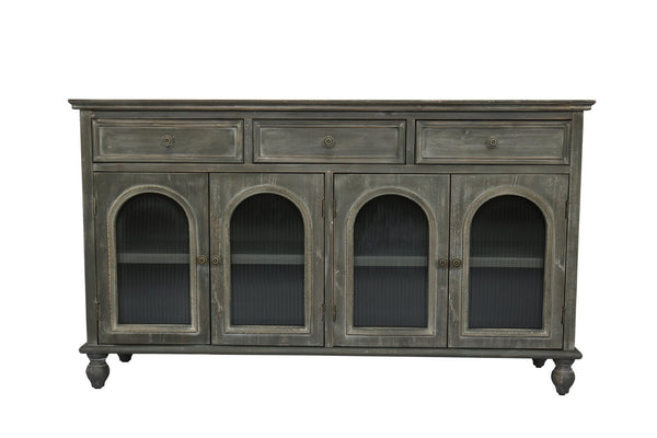 English Elm 59.06" Farmhouse Credenza Solid Wood Buffet with Fluted Glass Doors and Turned Legs Black+Gray W2295P475268