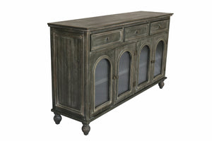 English Elm 59.06" Farmhouse Credenza Solid Wood Buffet with Fluted Glass Doors and Turned Legs Black+Gray W2295P475268