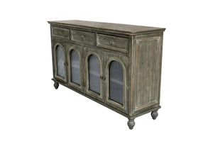 English Elm 59.06" Farmhouse Credenza Solid Wood Buffet with Fluted Glass Doors and Turned Legs Black+Gray W2295P475268