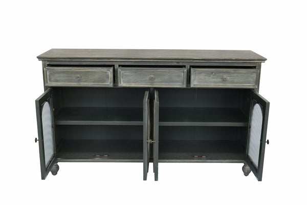 English Elm 59.06" Farmhouse Credenza Solid Wood Buffet with Fluted Glass Doors and Turned Legs Black+Gray W2295P475268