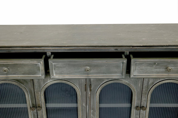 English Elm 59.06" Farmhouse Credenza Solid Wood Buffet with Fluted Glass Doors and Turned Legs Black+Gray W2295P475268