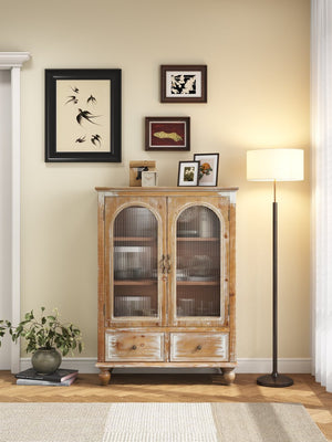 English Elm Farmhouse Freestanding Pantry Cabinet Solid Wood Fluted Glass Doors Rustic Buffet Cupboard Antique Brown+White W2295P475269