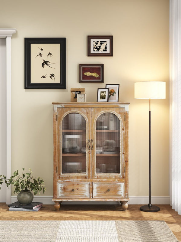 English Elm Farmhouse Freestanding Pantry Cabinet Solid Wood Fluted Glass Doors Rustic Buffet Cupboard Antique Brown+White W2295P475269