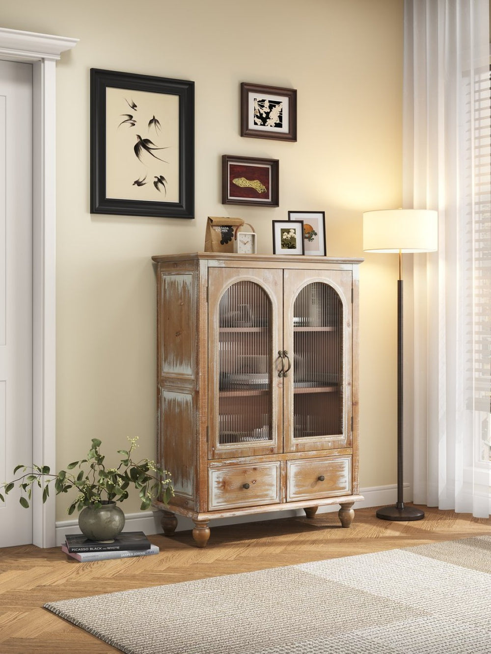 English Elm Farmhouse Freestanding Pantry Cabinet Solid Wood Fluted Glass Doors Rustic Buffet Cupboard Antique Brown+White W2295P475269