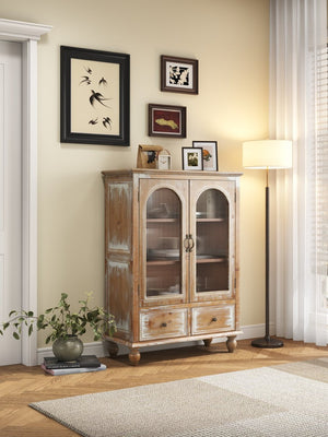 English Elm Farmhouse Freestanding Pantry Cabinet Solid Wood Fluted Glass Doors Rustic Buffet Cupboard Antique Brown+White W2295P475269