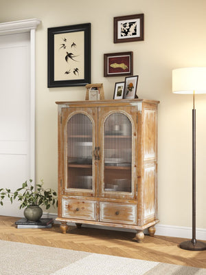 English Elm Farmhouse Freestanding Pantry Cabinet Solid Wood Fluted Glass Doors Rustic Buffet Cupboard Antique Brown+White W2295P475269