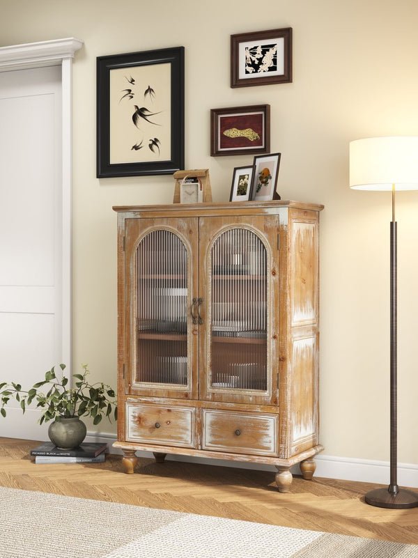 English Elm Farmhouse Freestanding Pantry Cabinet Solid Wood Fluted Glass Doors Rustic Buffet Cupboard Antique Brown+White W2295P475269