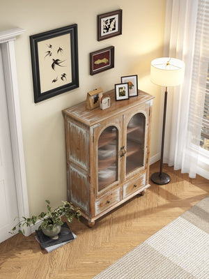 English Elm Farmhouse Freestanding Pantry Cabinet Solid Wood Fluted Glass Doors Rustic Buffet Cupboard Antique Brown+White W2295P475269
