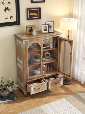 English Elm Farmhouse Freestanding Pantry Cabinet Solid Wood Fluted Glass Doors Rustic Buffet Cupboard Antique Brown+White W2295P475269