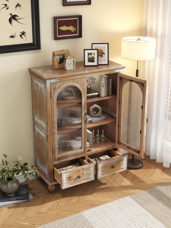 English Elm Farmhouse Freestanding Pantry Cabinet Solid Wood Fluted Glass Doors Rustic Buffet Cupboard Antique Brown+White W2295P475269