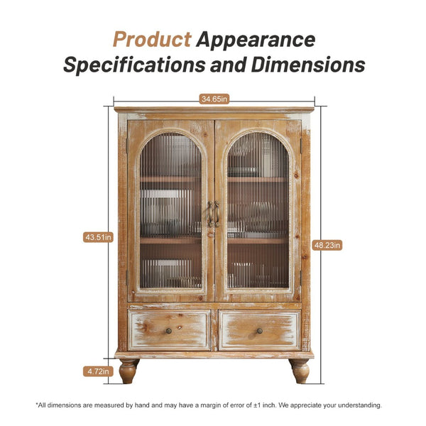 English Elm Farmhouse Freestanding Pantry Cabinet Solid Wood Fluted Glass Doors Rustic Buffet Cupboard Antique Brown+White W2295P475269