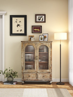 English Elm Farmhouse Freestanding Pantry Cabinet Solid Wood Fluted Glass Doors Rustic Buffet Cupboard Distressed Brown W2295P475271