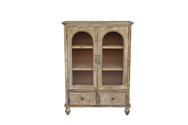 English Elm Farmhouse Freestanding Pantry Cabinet Solid Wood Fluted Glass Doors Rustic Buffet Cupboard Distressed Brown W2295P475271
