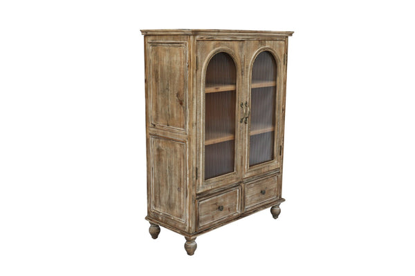 English Elm Farmhouse Freestanding Pantry Cabinet Solid Wood Fluted Glass Doors Rustic Buffet Cupboard Distressed Brown W2295P475271
