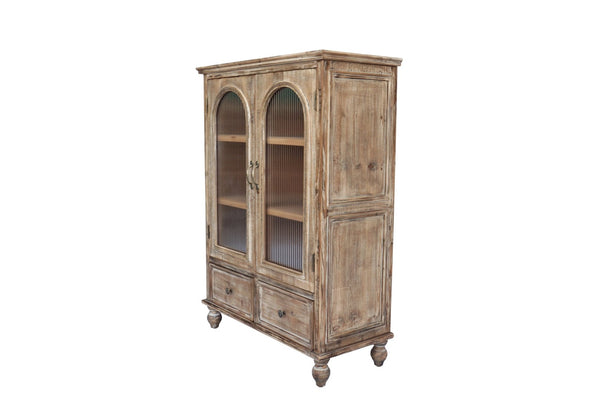English Elm Farmhouse Freestanding Pantry Cabinet Solid Wood Fluted Glass Doors Rustic Buffet Cupboard Distressed Brown W2295P475271
