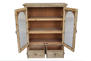English Elm Farmhouse Freestanding Pantry Cabinet Solid Wood Fluted Glass Doors Rustic Buffet Cupboard Distressed Brown W2295P475271