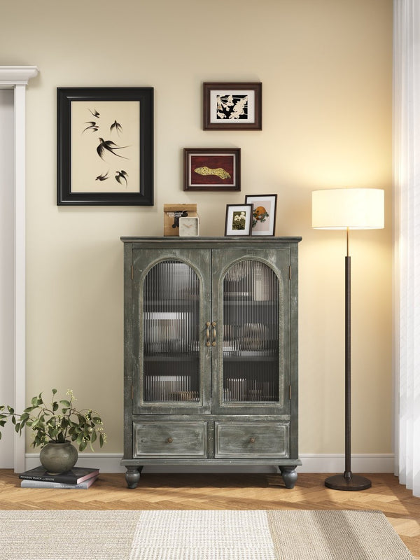 English Elm Farmhouse Freestanding Pantry Cabinet Solid Wood Fluted Glass Doors Rustic Buffet Cupboard Black+Grey W2295P475273