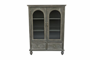 English Elm Farmhouse Freestanding Pantry Cabinet Solid Wood Fluted Glass Doors Rustic Buffet Cupboard Black+Grey W2295P475273
