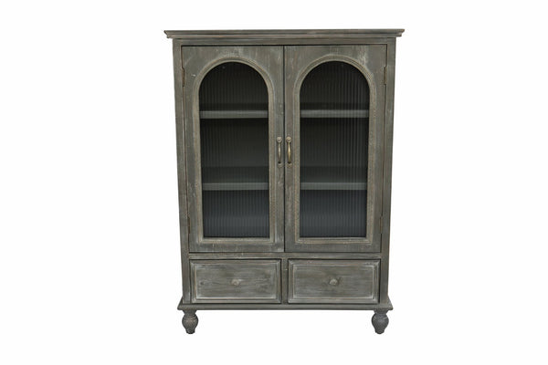 English Elm Farmhouse Freestanding Pantry Cabinet Solid Wood Fluted Glass Doors Rustic Buffet Cupboard Black+Grey W2295P475273