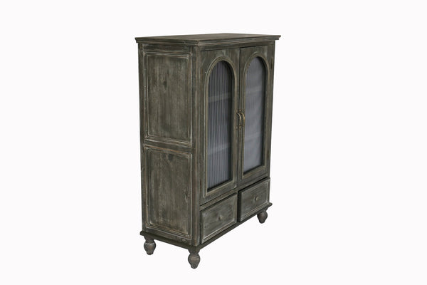 English Elm Farmhouse Freestanding Pantry Cabinet Solid Wood Fluted Glass Doors Rustic Buffet Cupboard Black+Grey W2295P475273