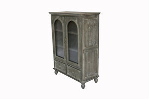 English Elm Farmhouse Freestanding Pantry Cabinet Solid Wood Fluted Glass Doors Rustic Buffet Cupboard Black+Grey W2295P475273