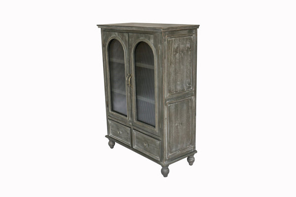 English Elm Farmhouse Freestanding Pantry Cabinet Solid Wood Fluted Glass Doors Rustic Buffet Cupboard Black+Grey W2295P475273