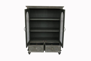 English Elm Farmhouse Freestanding Pantry Cabinet Solid Wood Fluted Glass Doors Rustic Buffet Cupboard Black+Grey W2295P475273