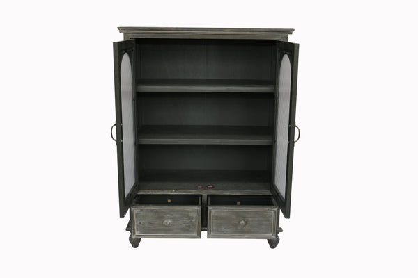 English Elm Farmhouse Freestanding Pantry Cabinet Solid Wood Fluted Glass Doors Rustic Buffet Cupboard Black+Grey W2295P475273