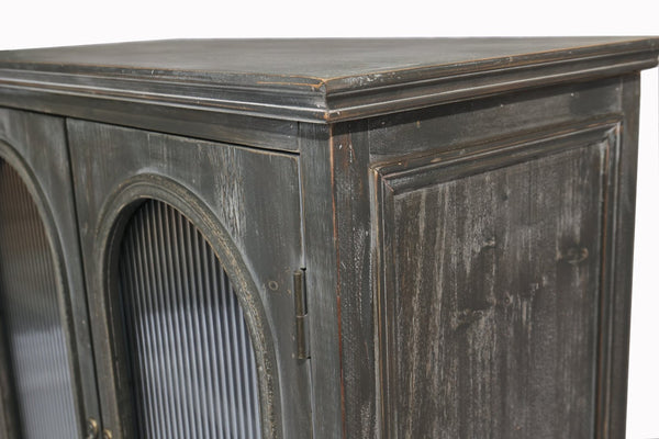 English Elm Farmhouse Freestanding Pantry Cabinet Solid Wood Fluted Glass Doors Rustic Buffet Cupboard Black+Grey W2295P475273