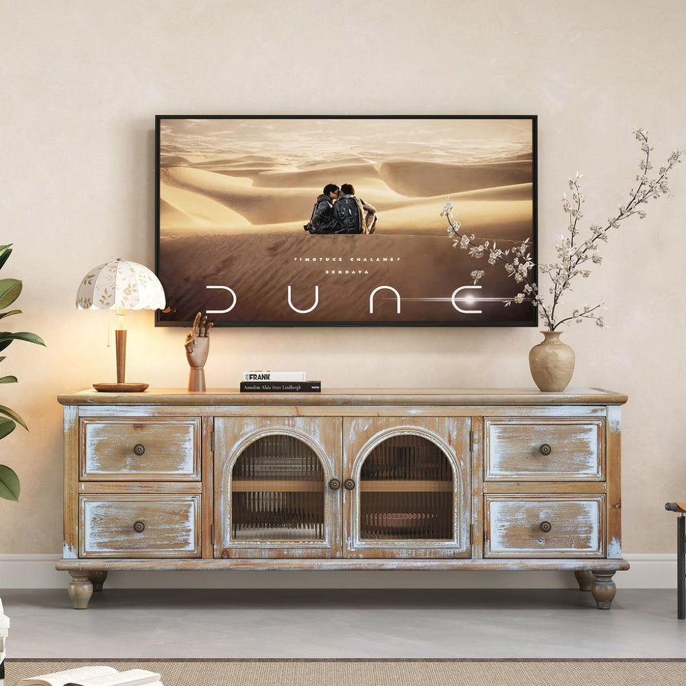 English Elm 60" Farmhouse Media Console with Fluted Glass Doors Four Drawers Distressed Wood Finish W2295P489665
