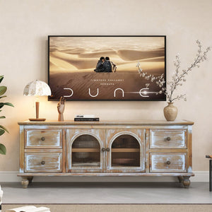 English Elm 60" Farmhouse Media Console with Fluted Glass Doors Four Drawers Distressed Wood Finish W2295P489665