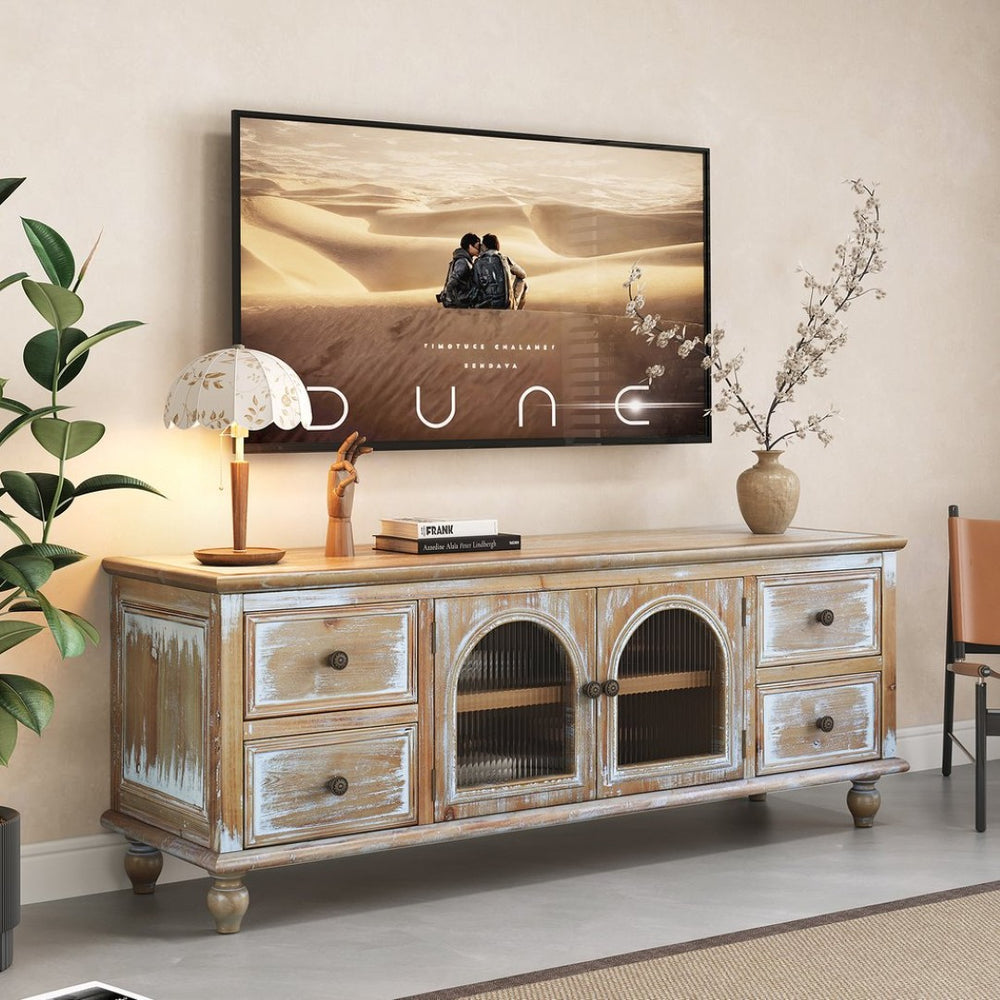 English Elm 60" Farmhouse Media Console with Fluted Glass Doors Four Drawers Distressed Wood Finish W2295P489665
