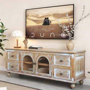 English Elm 60" Farmhouse Media Console with Fluted Glass Doors Four Drawers Distressed Wood Finish W2295P489665