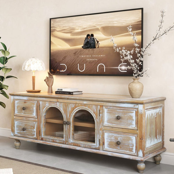 English Elm 60" Farmhouse Media Console with Fluted Glass Doors Four Drawers Distressed Wood Finish W2295P489665